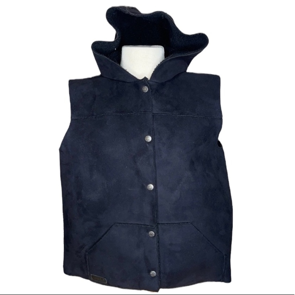 Ralph Lauren Black Sherpa Lined Faux Suede Hooded Vest Size Large Petite